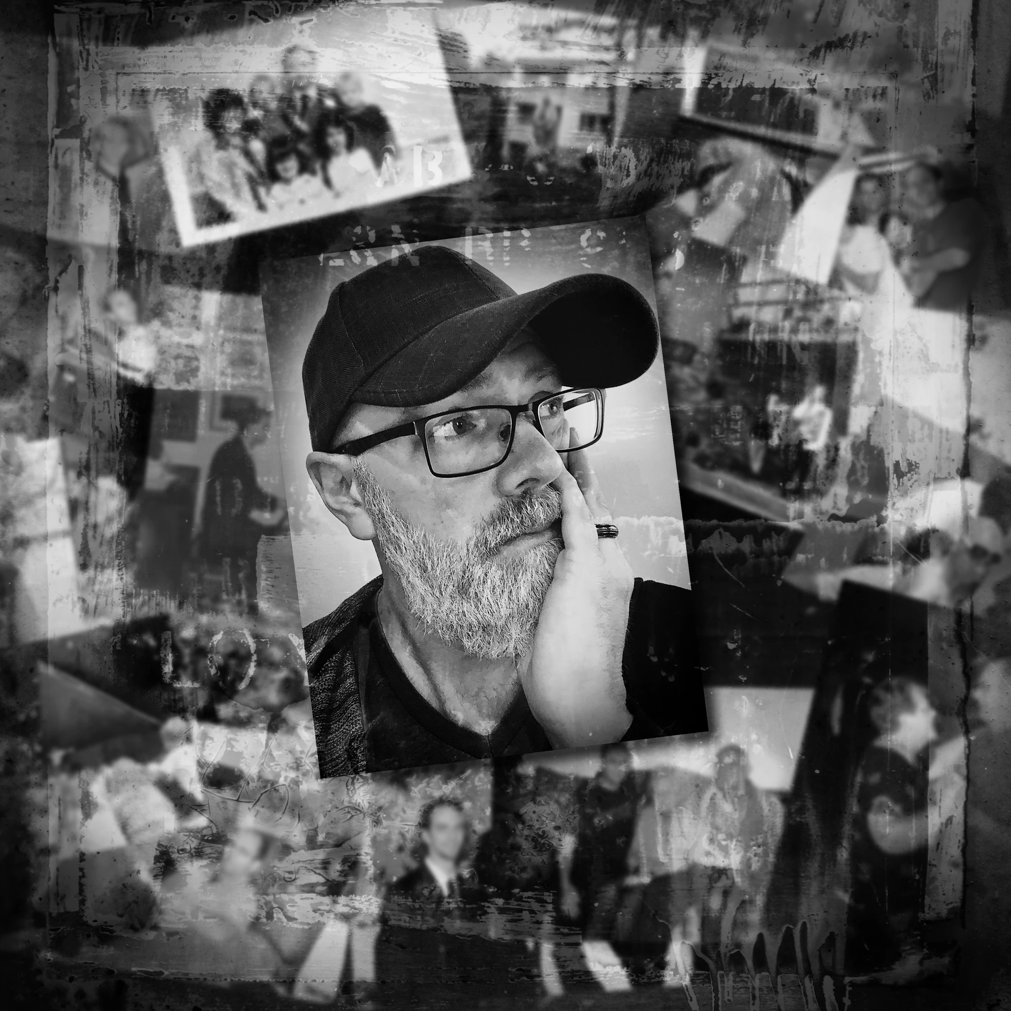 Questions artwork — a black-and-white collage of Hal Swift and photographs