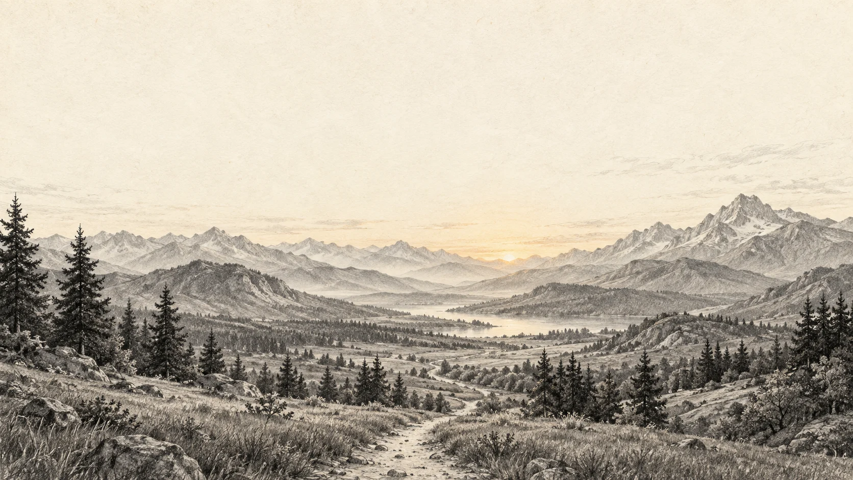 An illustrated path through a mountain valley at dawn